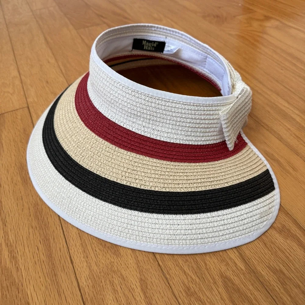 Magid OS Multicolor Straw Visor Hat Striped Bow Back Roll Up Sun Beach Accessory